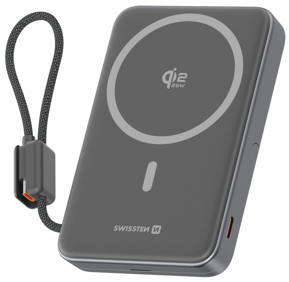 Swissten Semi-Solid Power Bank 10000 mAh, 45 W s integrovaným kabelem USB-C (Qi2.2, 25 W, kompatibilní s MagSafe)
