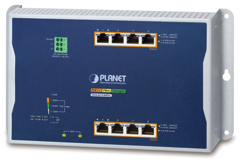 Planet WGS-4215-8HP2S plochý L4 switch, 8x1Gb, 2x1Gb SFP, 4+4 PoE 802.3at/bt 360W, 48-56VDC, -40~75°C, IP30, fanless
