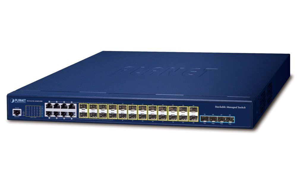 Planet SGS-6310-16S8C4XR L3 switch, 8x1Gb, 24x1Gb SFP, 4x10Gb SFP+, HW/IP stack, 2x power-in, VSF/Cluster
