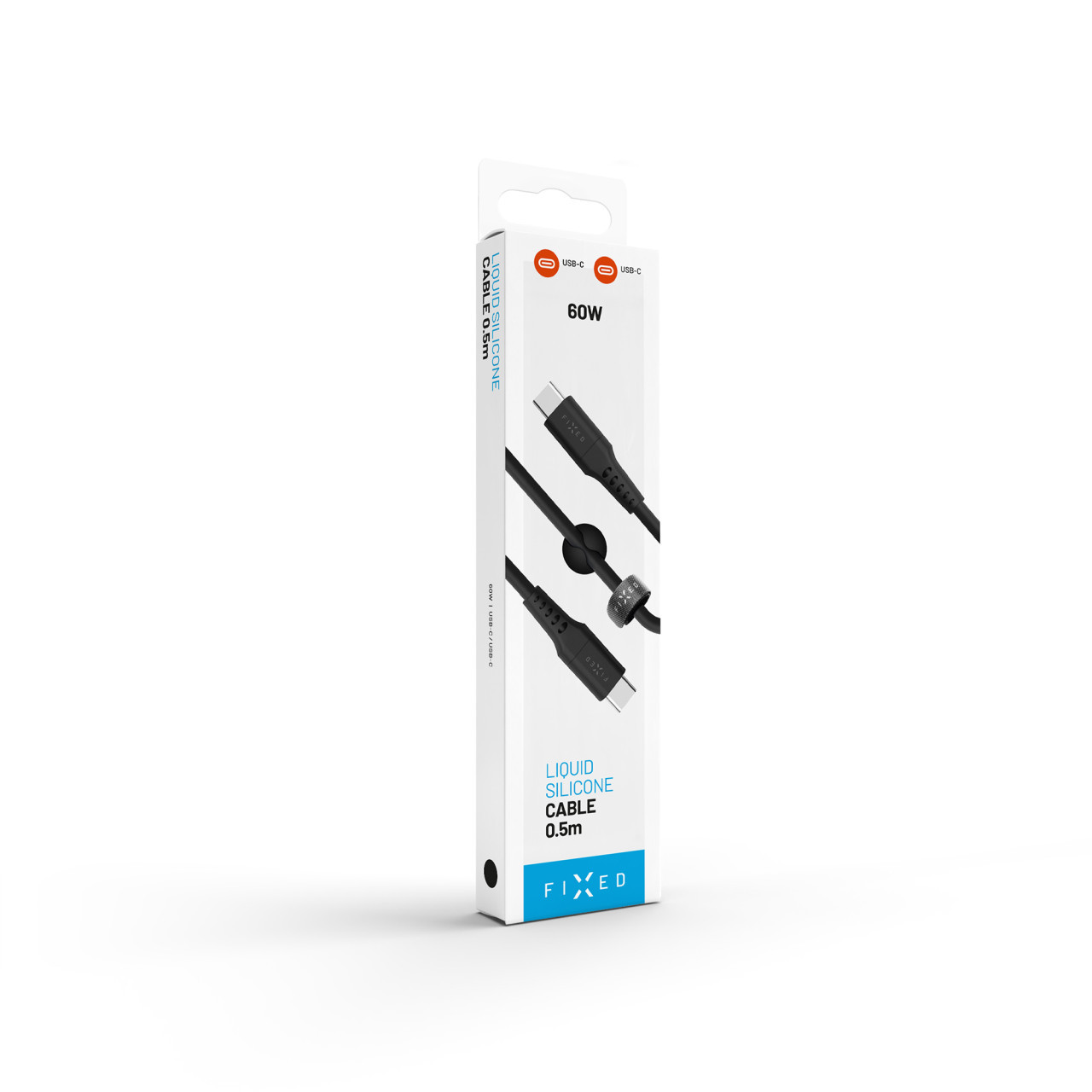 Krátký nabíjecí a datový Liquid silicone kabel FIXED s konektory USB-C/USB-C a podporou PD, 0.5m, USB 2.0, 60W, černý