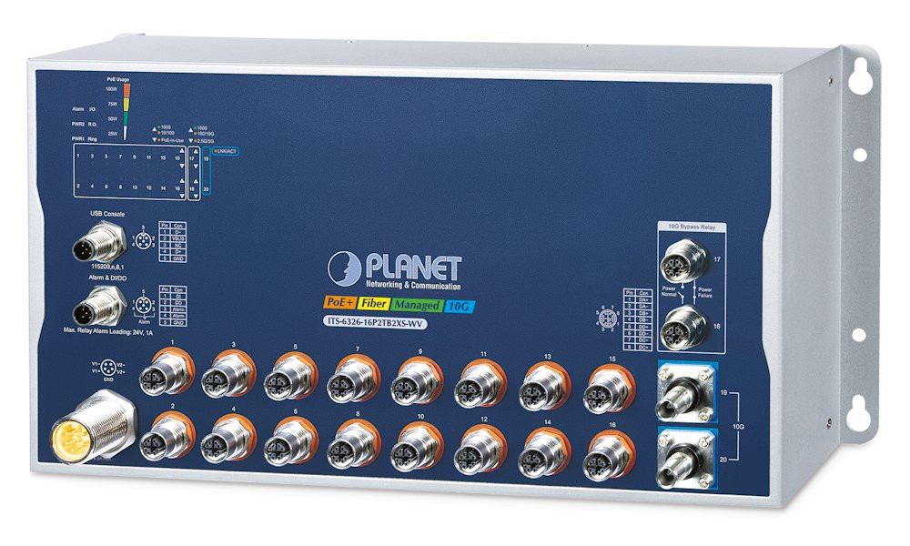 Planet PoE switch 16x Gb 802.3at, 2x 10 Gb, 1x Bypass, M12 konektory, 2x 10G Q-ODC, IP40, -40+70°C, 24-110 VDC
