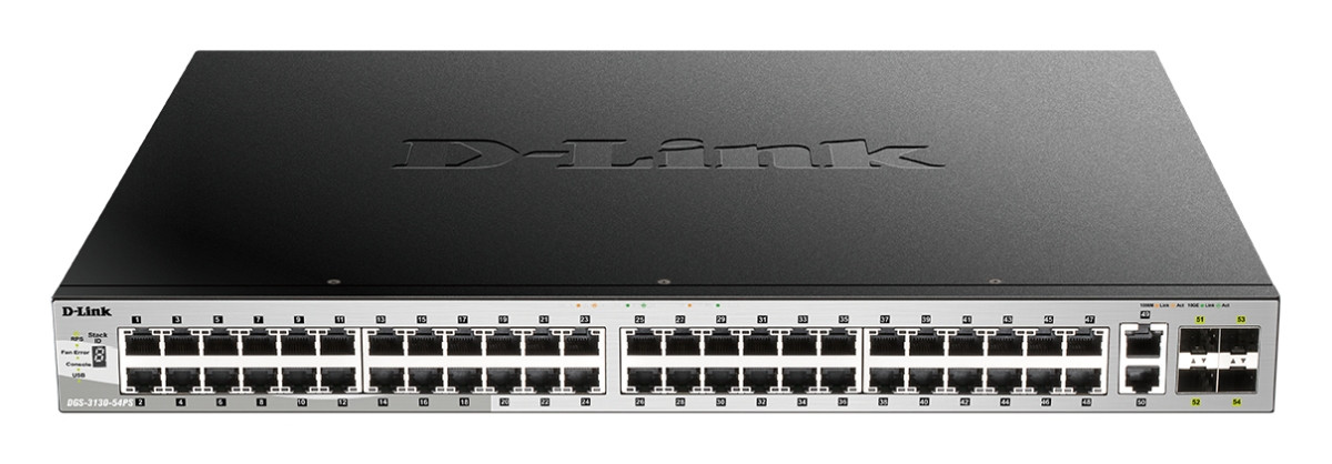 D-Link DGS-3130-54PS L3 Stck. Mng. PoE switch, 48x GbE PoE+, 2x 10G RJ-45, 4x 10G SFP+, PoE 370W
