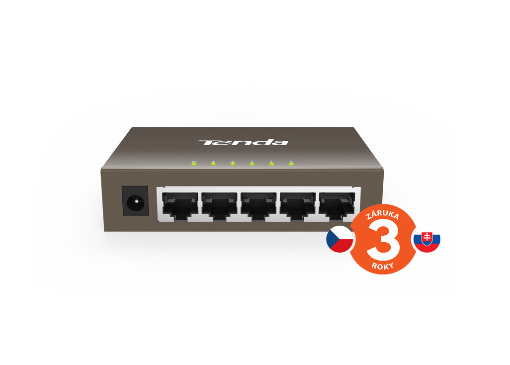Tenda TEG1005D - 5x 10/100/1000 Mbps Kovový Switch, Fanless - bez ventilátorů, ochrana 6 kV