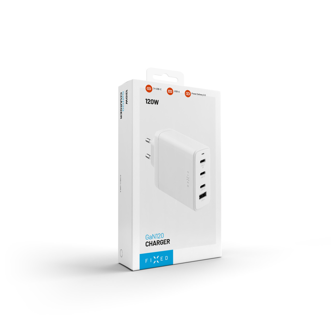 Síťová GaN nabíječka FIXED s 3xUSB-C a USB výstupem, podpora PD 3.0, 120W, bílá