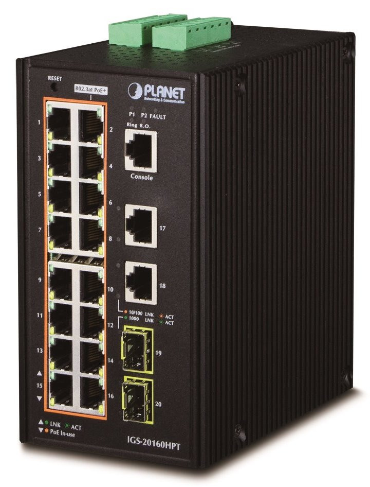 Planet IGS-20160HPT L3 switch, 18x1Gb, 2x2.5Gb SFP, 16x PoE 802.3at 320W, dual 48-56VDC, -40~75°C, IP30