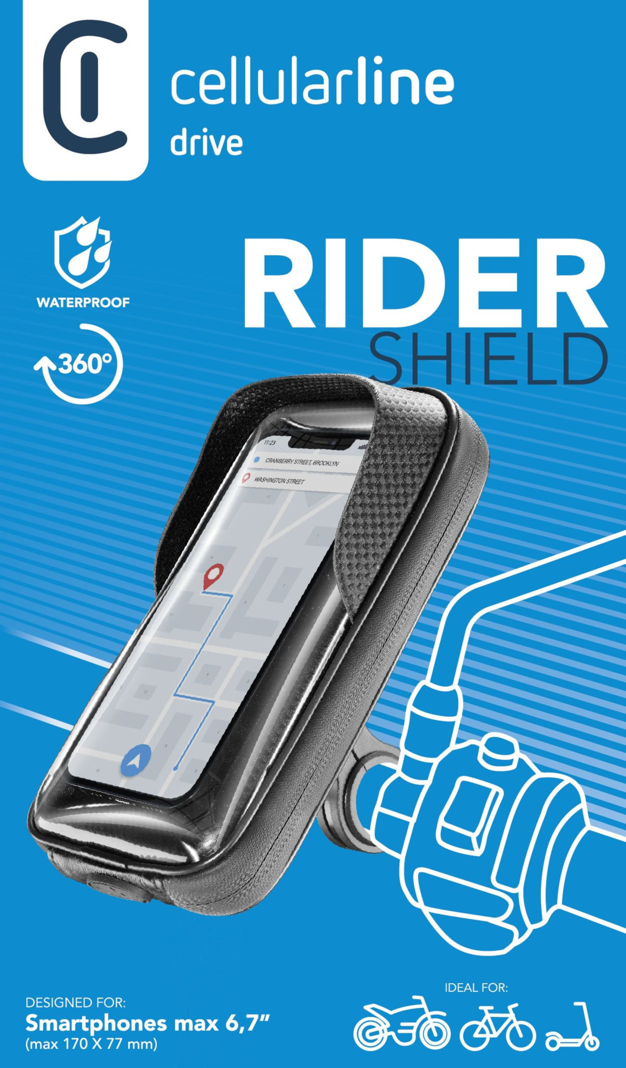 Univerzální držák mobilního telefonu Cellularline Rider Shield na řídítka pro motorku i kolo, voděodolný, do vel. 6,7",