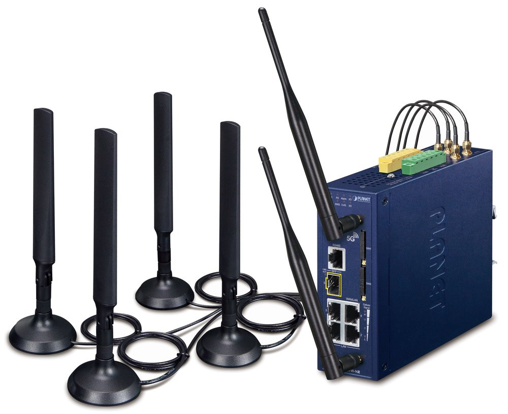 Planet dual 5G/LTE bezpečnostní brána, 2xWAN + 3xLAN/1xSFP, DI/DO, GPS, WiFi, DIN, IP30, -45/+75°C, dual 9-54VDC