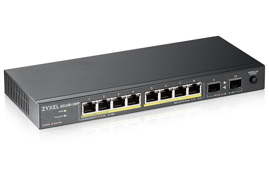 ZyXEL GS1100-10HP v2, unmanaged PoE 8x Gigabit, 2x Fiber Uplink, 130 Watt PoE
