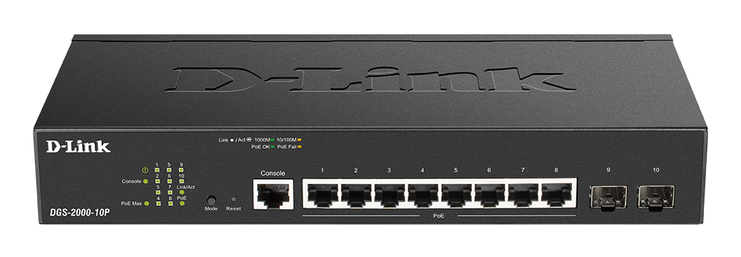 D-Link DGS-2000-10P Managed PoE switch, 8x GbE PoE+, 2x SFP, PoE 65W, fanless