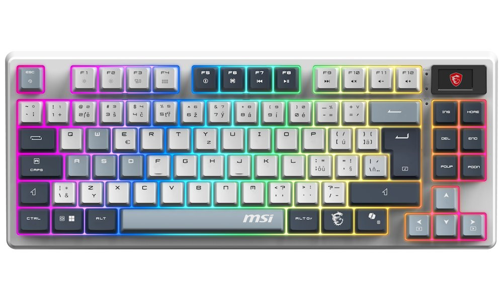 MSI herní klávesnice FORGE GK600 TKL Sky/ bezdrátová 2,4GHz+BT/ mechanická/ RGB/ USB-C/ display/ CZ+SK layout