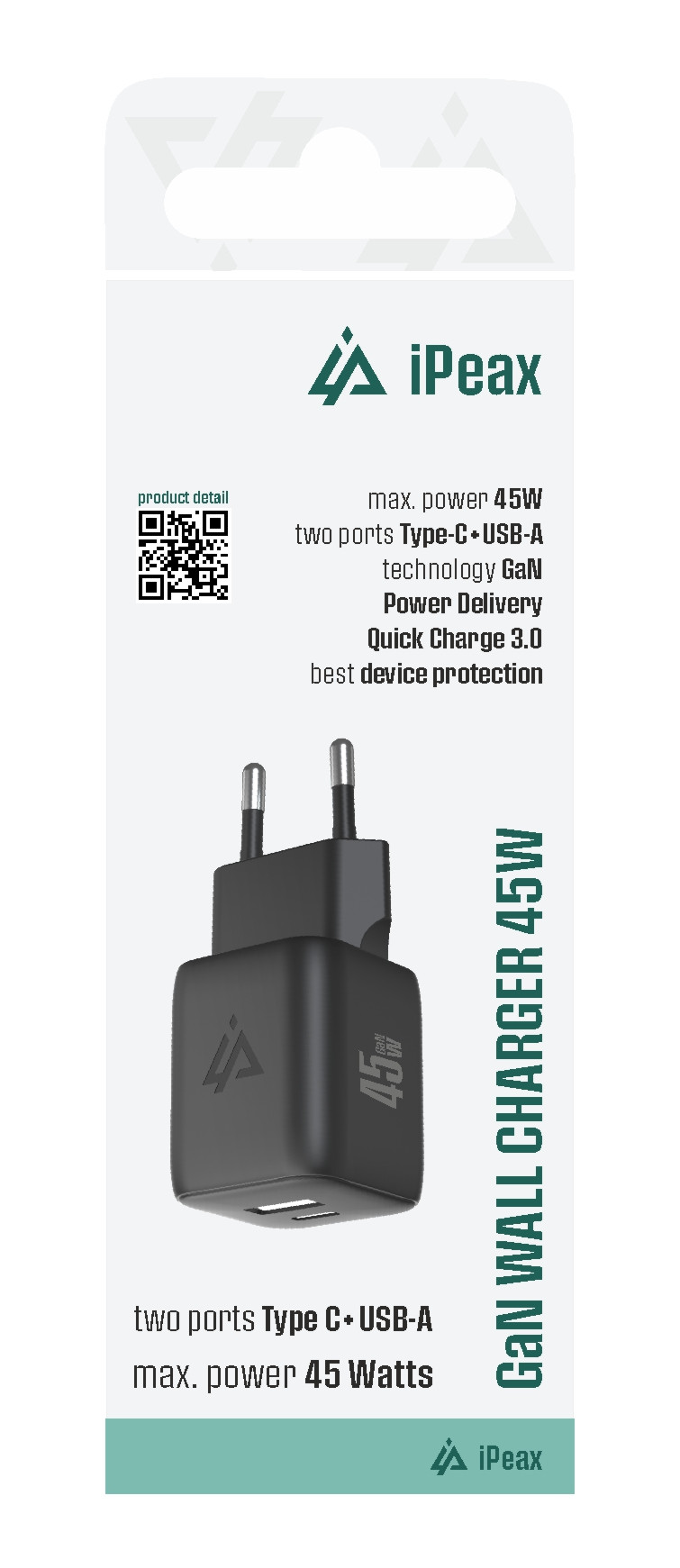 GaN SÍŤOVÁ NABÍJEČKA 45W (USB-C + USB-A) ČERNÁ