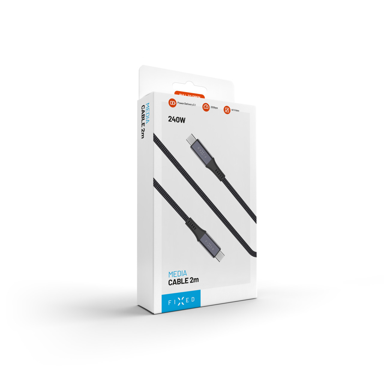 Dlouhý nabíjecí a datový opletený kabel FIXED s konektory USB-C/USB-C, PD 3.1, 2 m, USB4gen2 20Gbps, 4K60Hz, 240W, šedý