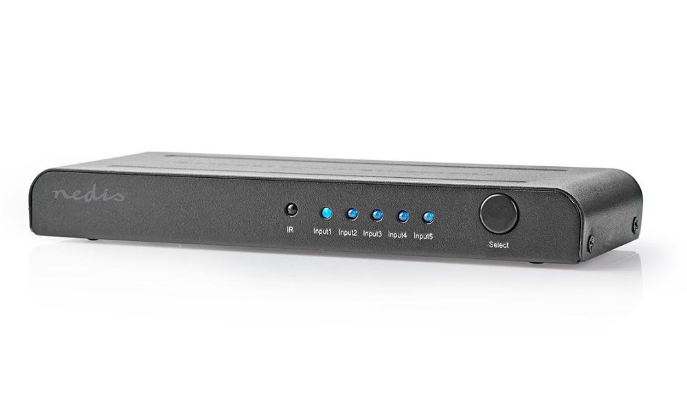 NEDIS HDMI přepínač/ 5x HDMI vstup/ 1x HDMI výstup/ 4K@60Hz/ 18 Gbps/ dálkově ovládané/ kov/ antracit