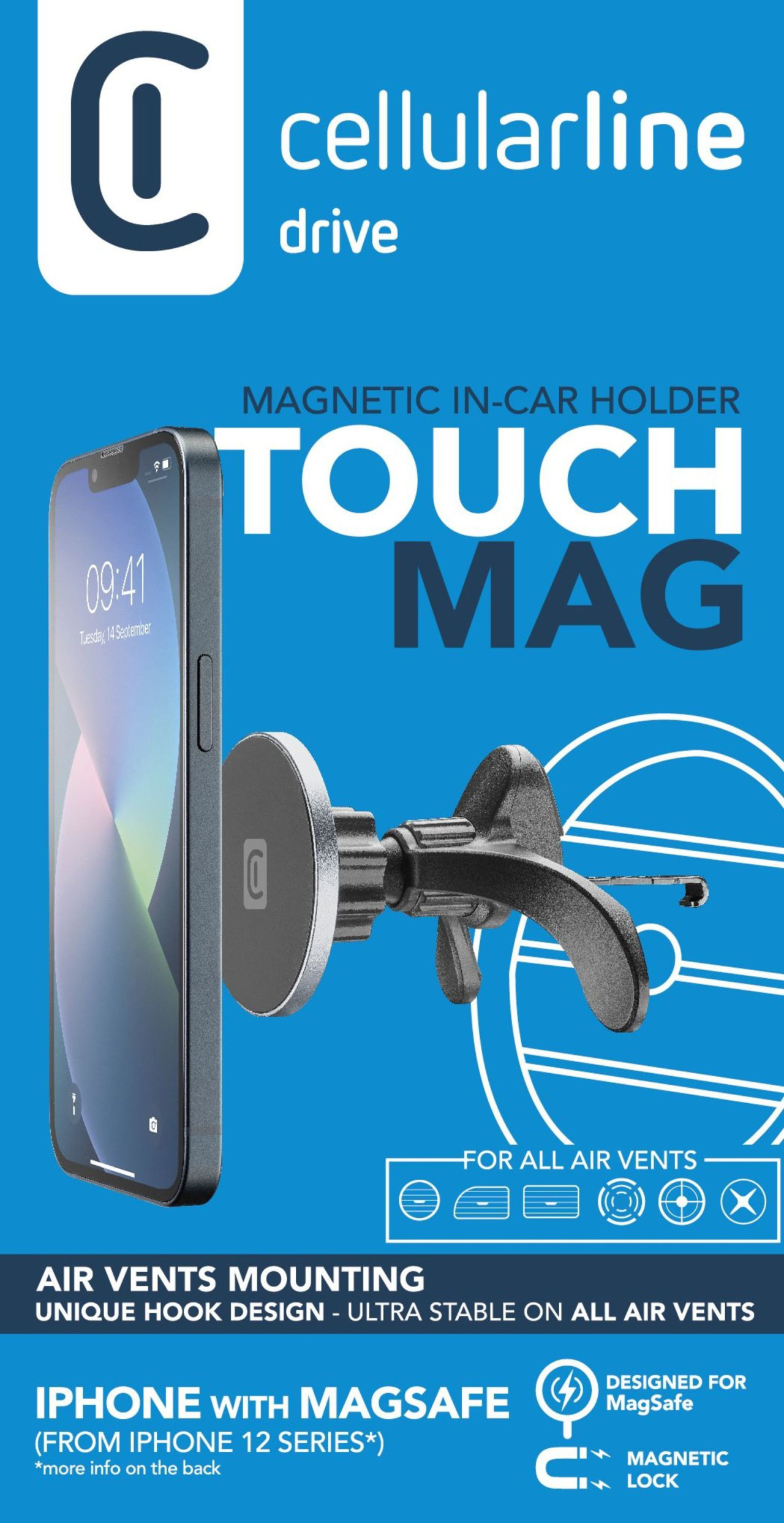 Magnetický držák Cellularline Touch Mag Air Vents s uchycením do mřížky ventilace a podporou MagSafe, černý