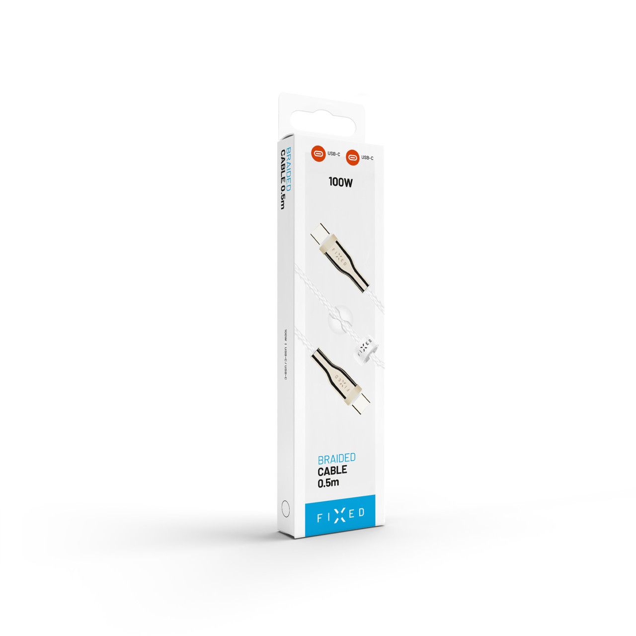 Krátký nabíjecí a datový opletený kabel FIXED s konektory USB-C/USB-C a podporou PD, 0.5 m, USB 2.0, 100W, bílý