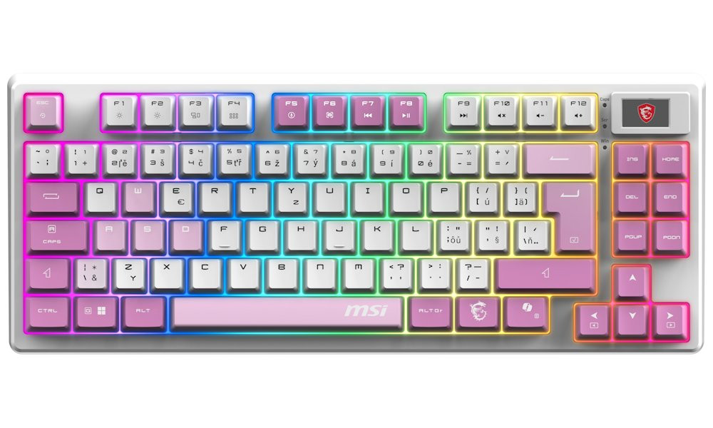 MSI herní klávesnice FORGE GK600 TKL Violet/ bezdrátová 2,4GHz+BT/ mechanická/ RGB/ USB-C/ display/ CZ+SK layout