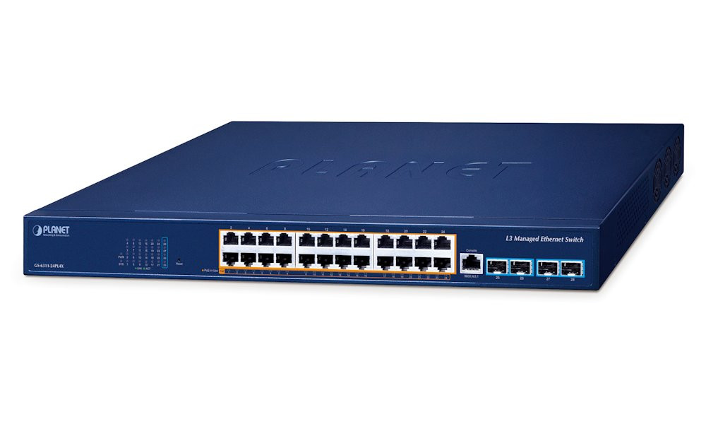 Planet GS-6311-24PL4X L3 switch, 24x1Gb, 4x10Gb SFP+, 24x PoE 802.3at 720W, 0~50°C , QoS, RING