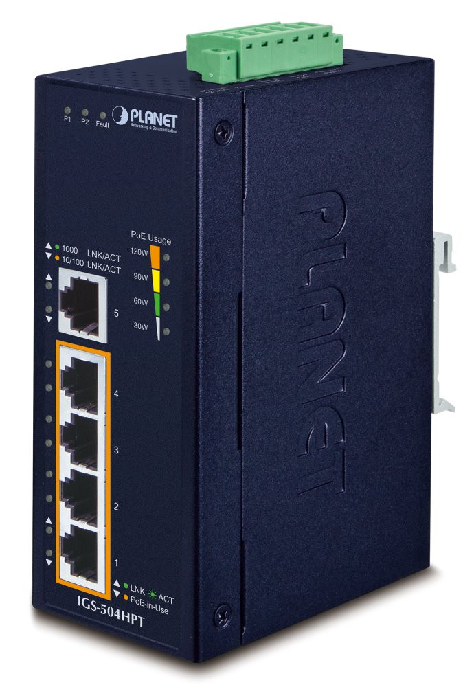 Planet Průmyslový PoE switch, 5x1Gb, 4x PoE 802.3at 36/120W, -40až75°C, dual 12-56VDC, IP40, fanless