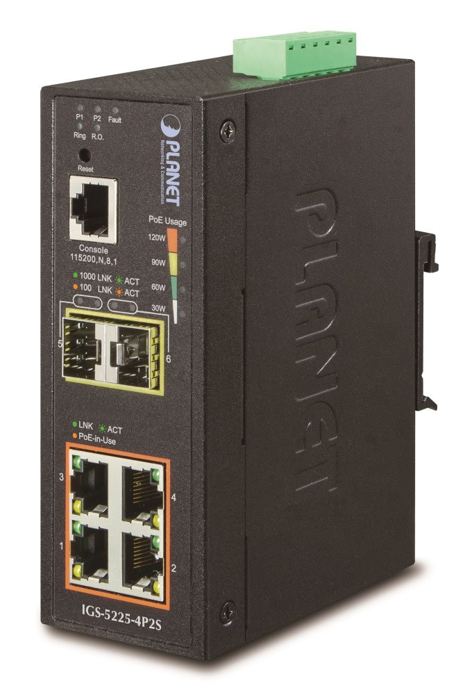 Planet IGS-5225-4P2S průmyslový L3 switch, 4x1Gb, 2x1Gb SFP, 4x PoE 802.3at 144W, dual 48-56VDC, -40~75, IP40