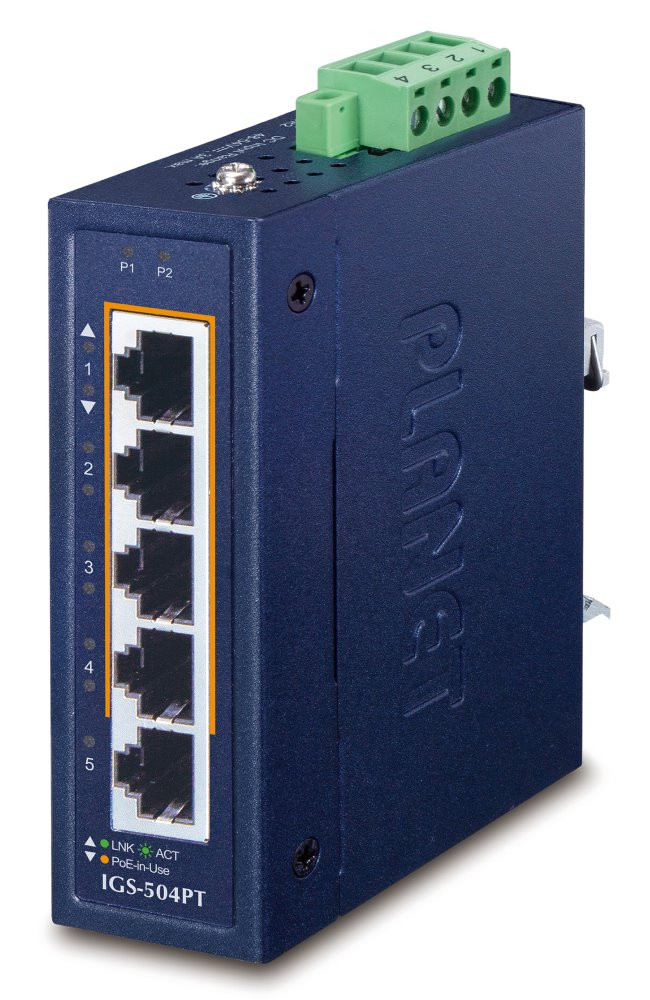 Planet IGS-504PT v3 Průmyslový PoE switch, 5x 1Gb, 4x PoE 802.3at 120W, -40 až +75°C, dual 48-54VDC, IP30, fanless