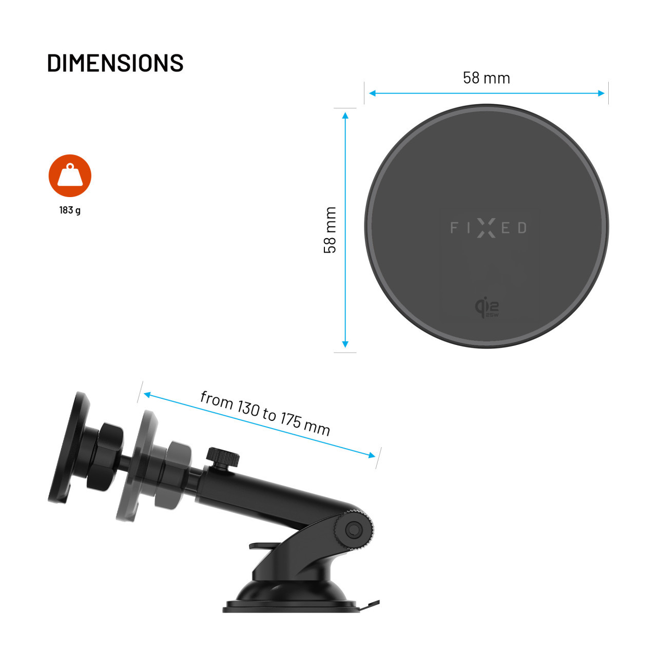Držák s bezdrátovým nabíjením FIXED MagRound 3 XL na sklo nebo palubní desku, podpora MagSafe, 25W, Qi2.2, černý