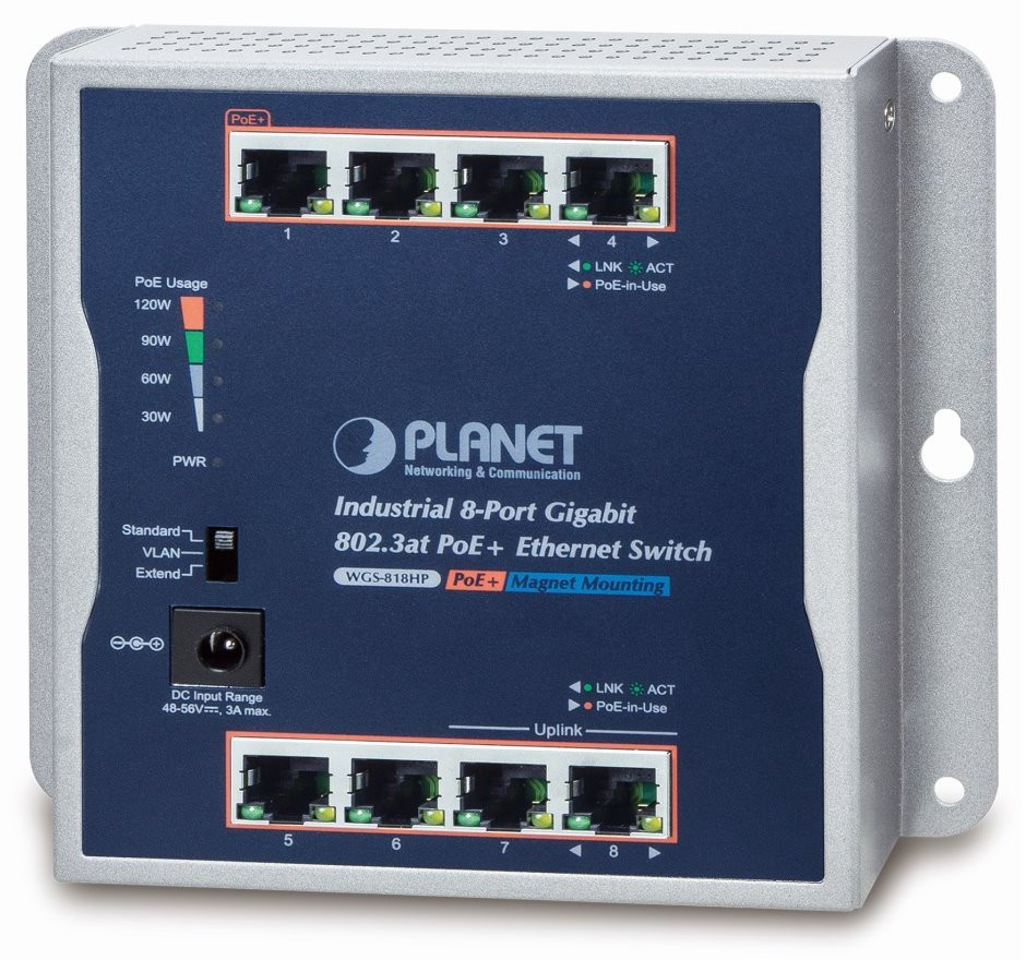 Planet průmyslový plochý switch 8x 1Gb, 8x PoE 30/120W, 48-56V, IP30, -20/60st, fanless