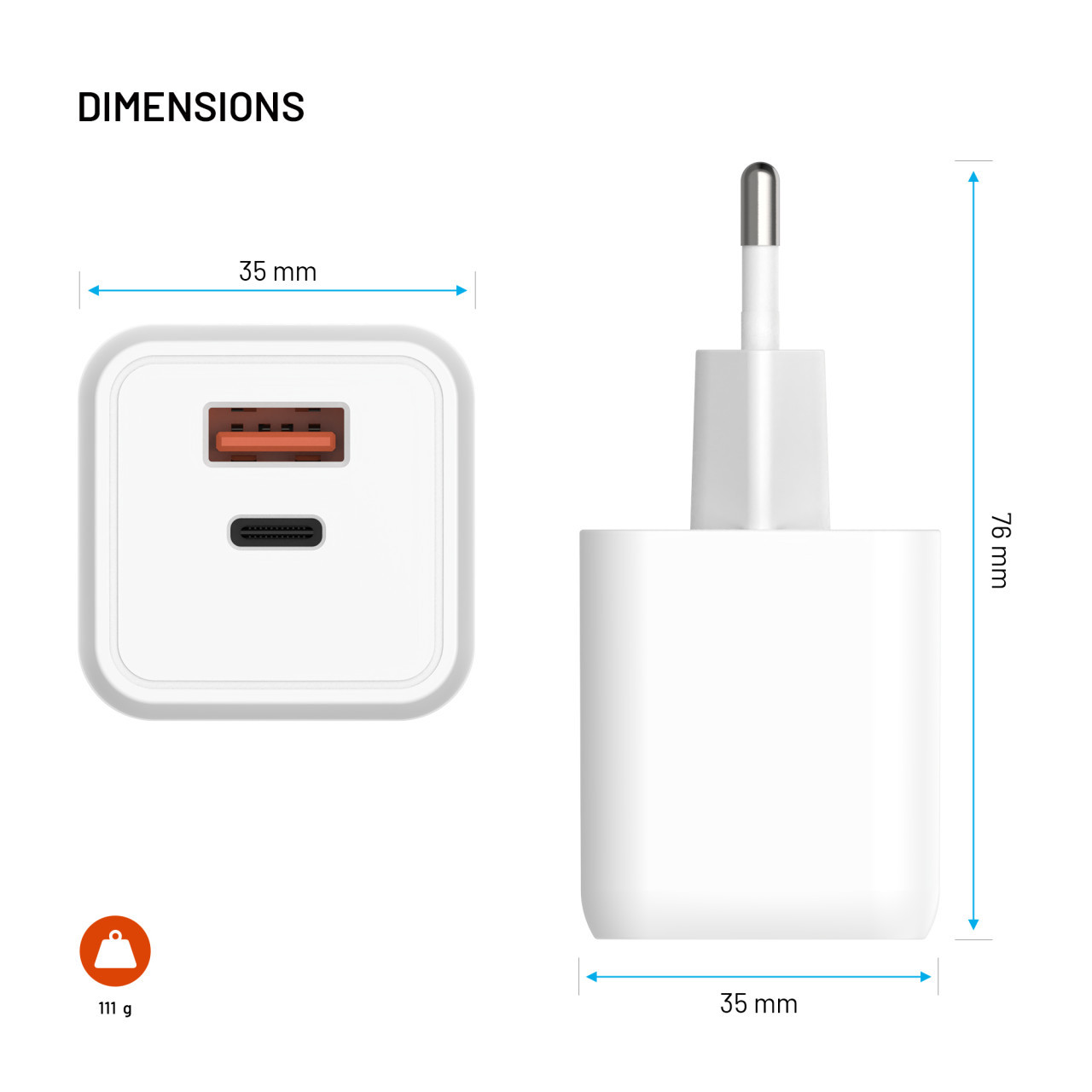 Síťová GaN nabíječka FIXED Mini s USB-C a USB výstupem a podporou PD, 45W, bílá