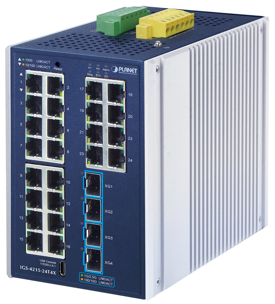 Planet IGS-4215-24T4X průmyslový L2 switch, 24 GbE, 4x10Gb SFP+, -40~75°C, 9-48VDC, IP30, fanless