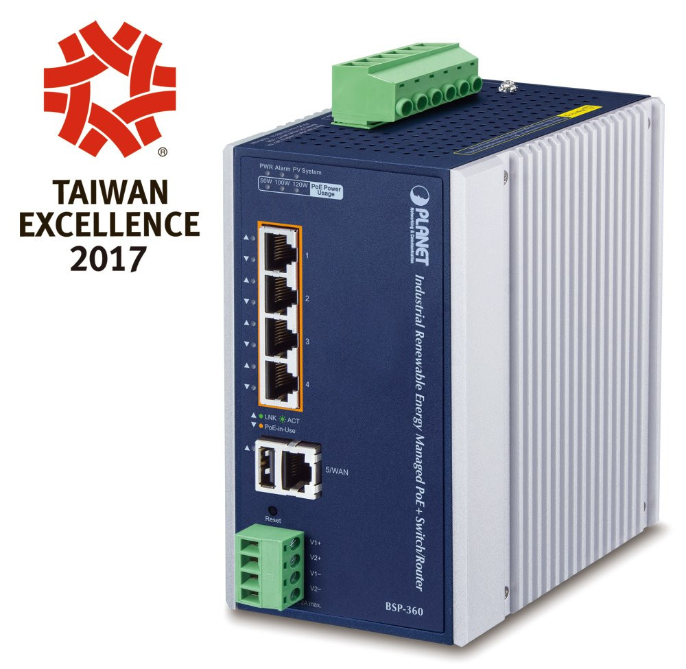 Planet BSP-360 v3 průmyslový solární switch/router, 5x1Gb, 4x PoE+ 802.3at 120W, baterie, 24-45VDC, -10~60°C, IP30