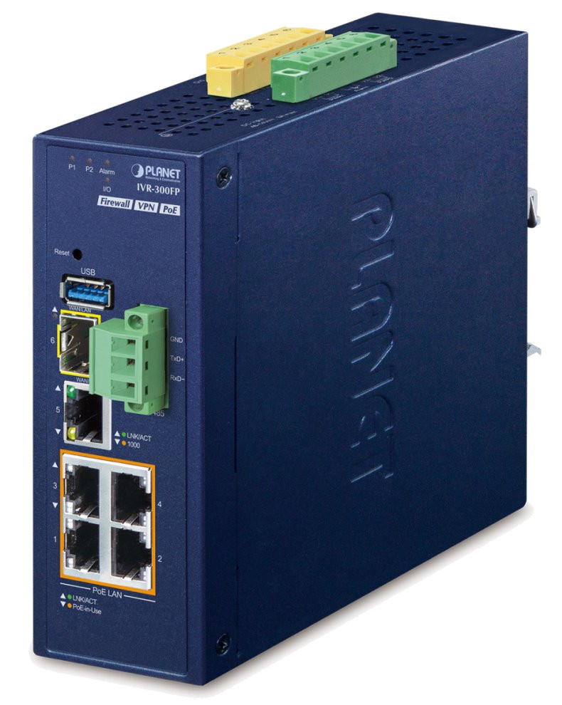 Planet IVR-300FP Enterprise router/FW VPN/VLAN/QoS/HA/AP kontr, 2xWAN(SD-WAN), 3xLAN,1xSFP,4xPoE, IP30,-40/75st,48-54VDC