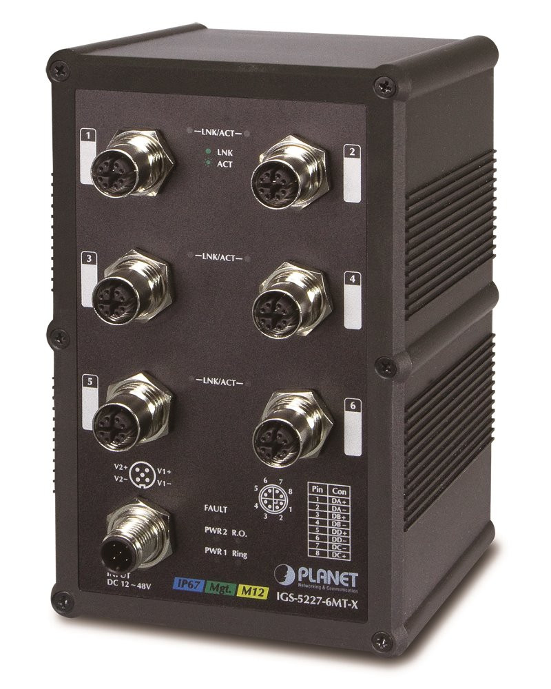 Planet IGS-5227-6MT-X vodotěsný průmyslový L3 switch, 6x1Gb M12, 9-48VDC, -40~75°C, IP67, EN50155