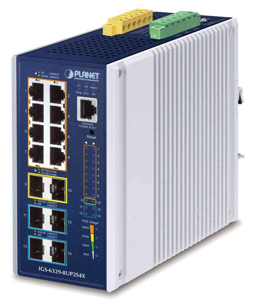 Planet IGS-6329-8UP2S4X průmyslový L3 switch, 8x1Gb, 2x2.5Gb SFP, 4x10Gb SFP+, PoE 802.3bt 360W, 48-54VDC, -40~75°C
