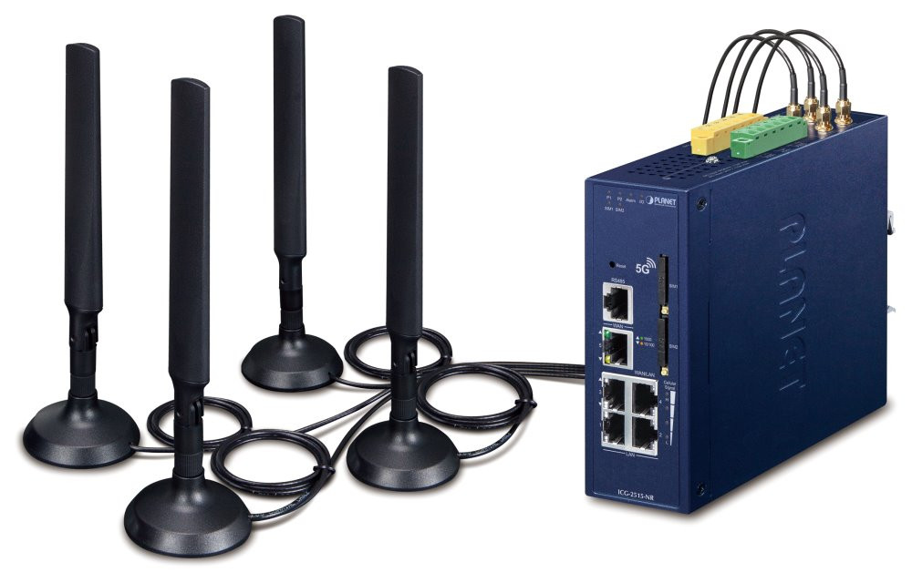 Planet dual 5G/LTE bezpečnostní brána, 2x WAN + 3x LAN, DI/DO, GPS, DIN, IP30, -40/+75°C, dual 9-54VDC