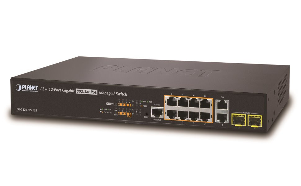 Planet GS-5220-8P2T2S L3 switch, 10x1Gb, 2x1Gb SFP, 8x PoE 802.3at 240W