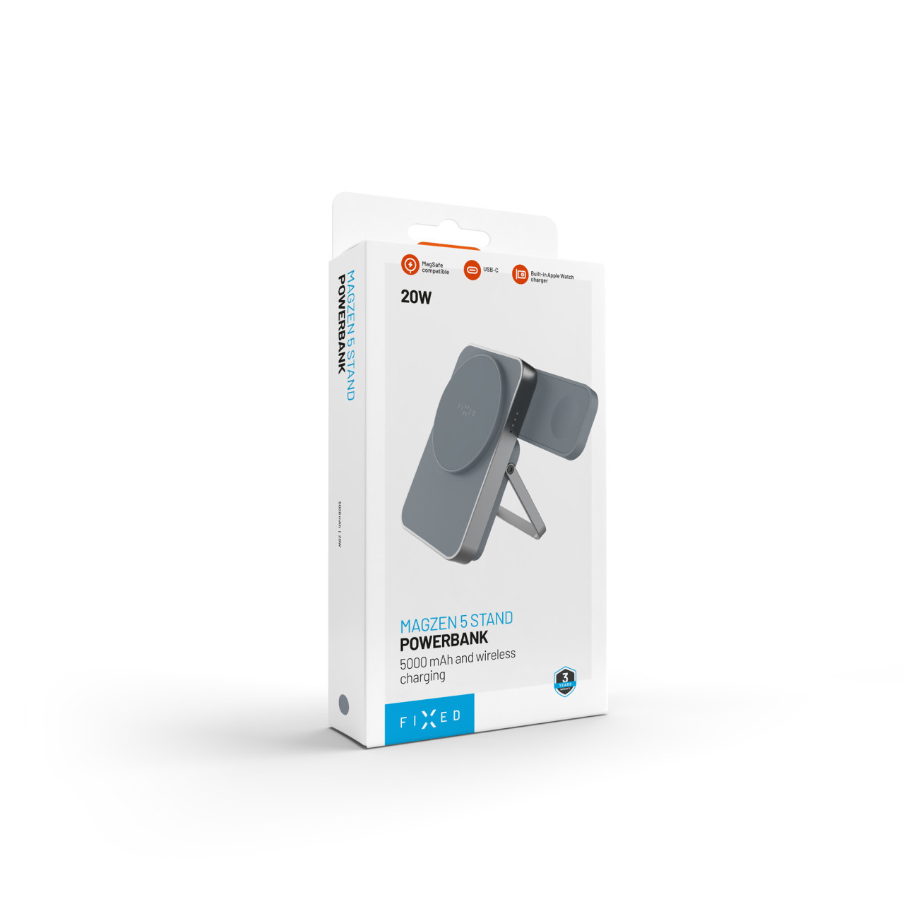 Powerbanka se stojánkem FIXED MagZen 5 Stand s integrovanou Apple Watch nabíječkou a podporou MagSafe, 5 000 mAh, šedá