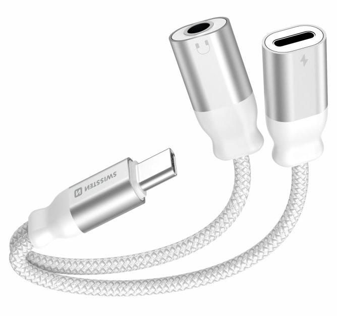 Swissten nabíjecí audio adaptértextile usb-c (samec) / usb-c (samice) a 3,5mm aux 0,12 m bílý
