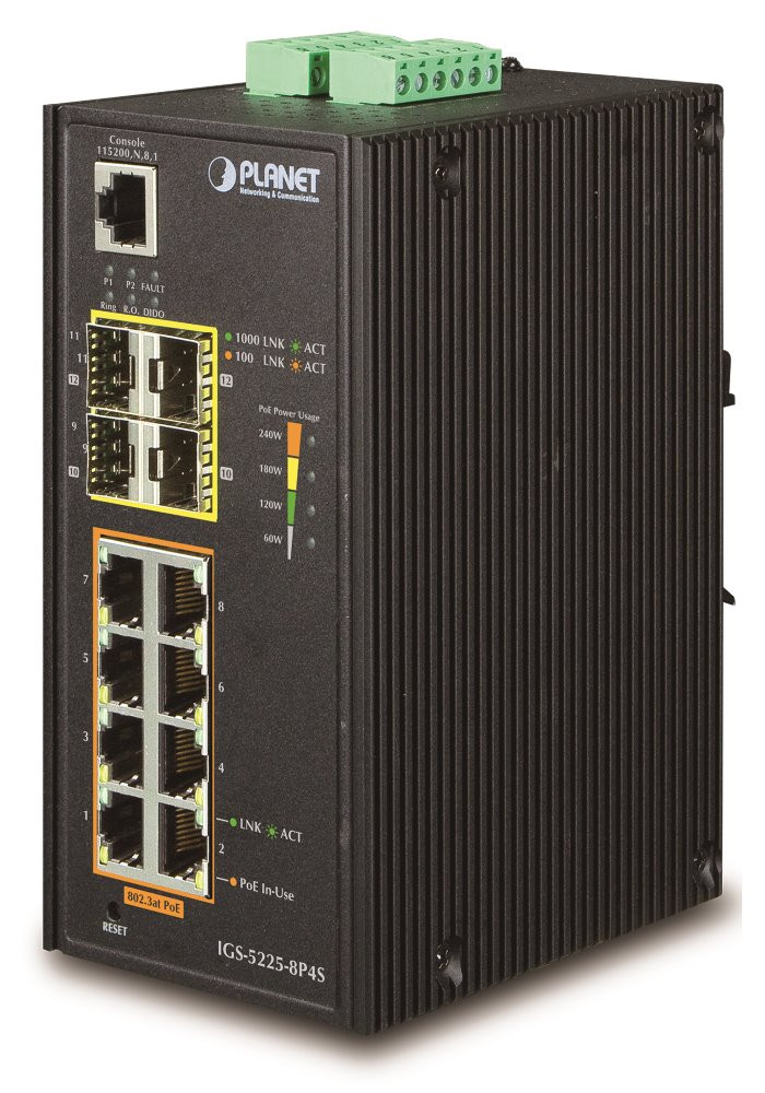 Planet IGS-5225-8P4S průmyslový L3 switch, 8x1Gb, 4x1Gb SFP, 8x PoE 802.3at 240W, dual 48-54VDC, -40~75°C, IP30