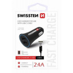 SWISSTEN CAR CHARGER 2,4A POWER WITH 2x USB + CABLE USB-C
