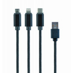 GEMBIRD CABLEXPERT Kabel USB A Male/Micro B + Type-C + Lightning, 1m, opletený, černý, blister