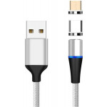 PremiumCord Magnetický micro USB a USB-C nabíjecí a datový kabel 1m, stříbrný