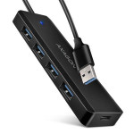 AXAGON HUE-C1A cestovní čtyřportový USB-A 5Gbps hub/USB-C konektor pro externí napájení/kabel 19 cm