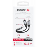 SWISSTEN NABÍJECÍ AUDIO ADAPTÉR TEXTILE USB-C (samec) / USB-C (samice) a 3,5mm AUX 0,12 M ČERNÝ