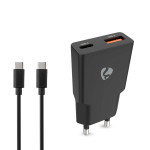 Nedis WCHA20BKUC - Síťová nabíječka | 20 W | GaN | PD3.0 | Funkce rychlého nabíjení | 2 výstupy | USB-A / USB-C | Černá