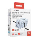 Verbatim, Cestovní adaptér Charge ,n, Travel GaN III 1x USB-C, 1X USB-A + 2x integrovaný kabel USB-C, modrá, 70 W