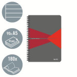 Blok "Office", šedo-červená, drátěná kroužková vazba, A5, linkovaný, 90 listů, plastový povrch, LEIT