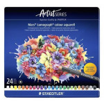 Akvarelové pastelky "Mars Lumograph 104", 24 barev, šestihranné, kovová krabička, STAEDTLER 104 M24