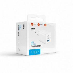 Síťová GaN nabíječka FIXED Mini s 2xUSB-C a USB výstupem, podpora PD, 100W, bílá