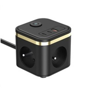 Viking síťový adaptér YC33, 3x 230 V, 1x USB-A, 2x USB-C, tlačítko ON/OFF, délka 1,4 m, černá