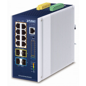 Planet IGS-6329-8UP2S4X průmyslový L3 switch, 8x1Gb, 2x2.5Gb SFP, 2x10Gb SFP+, PoE 802.3bt 360W, 48-54VDC, -40~75°C