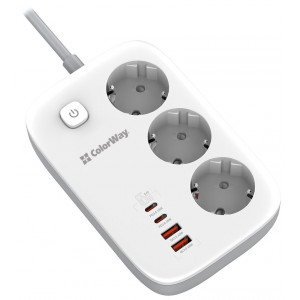 COLORWAY Prodlužovací napájecí přívod/ 3x Schuko/ 2x USB-A 60W/ 2x USB-C 65W/ kabel 2m